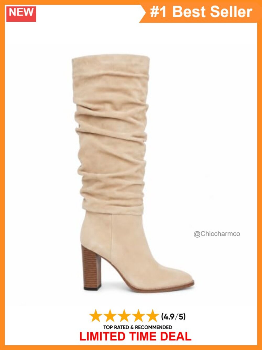 Faux Suede Knee High Boots Chunky Block Heel Slouchy Side Zip